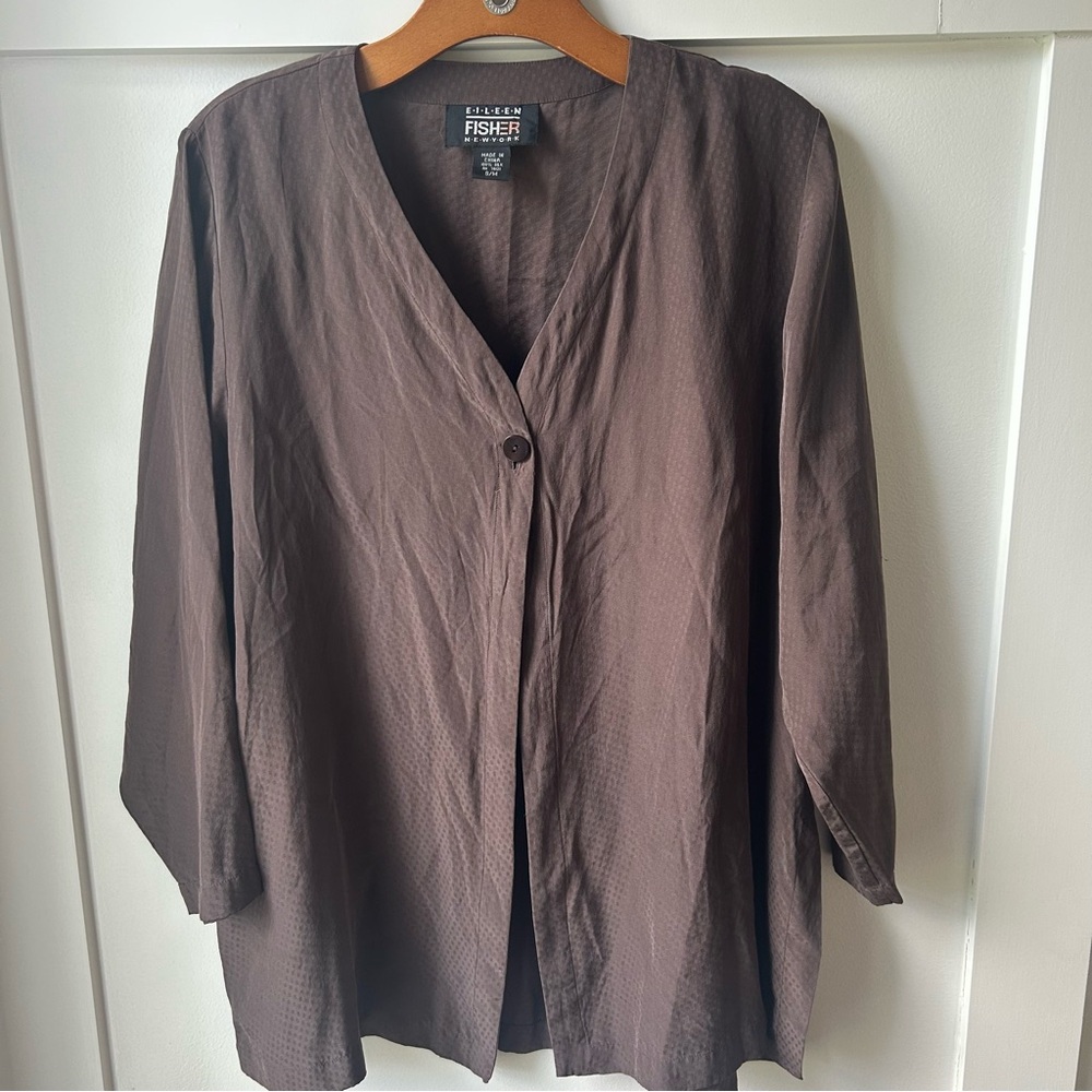Vintage Eileen Fisher Women's Blouse 100% Silk Brown Single Button Small Medium - Picture 4 of 8